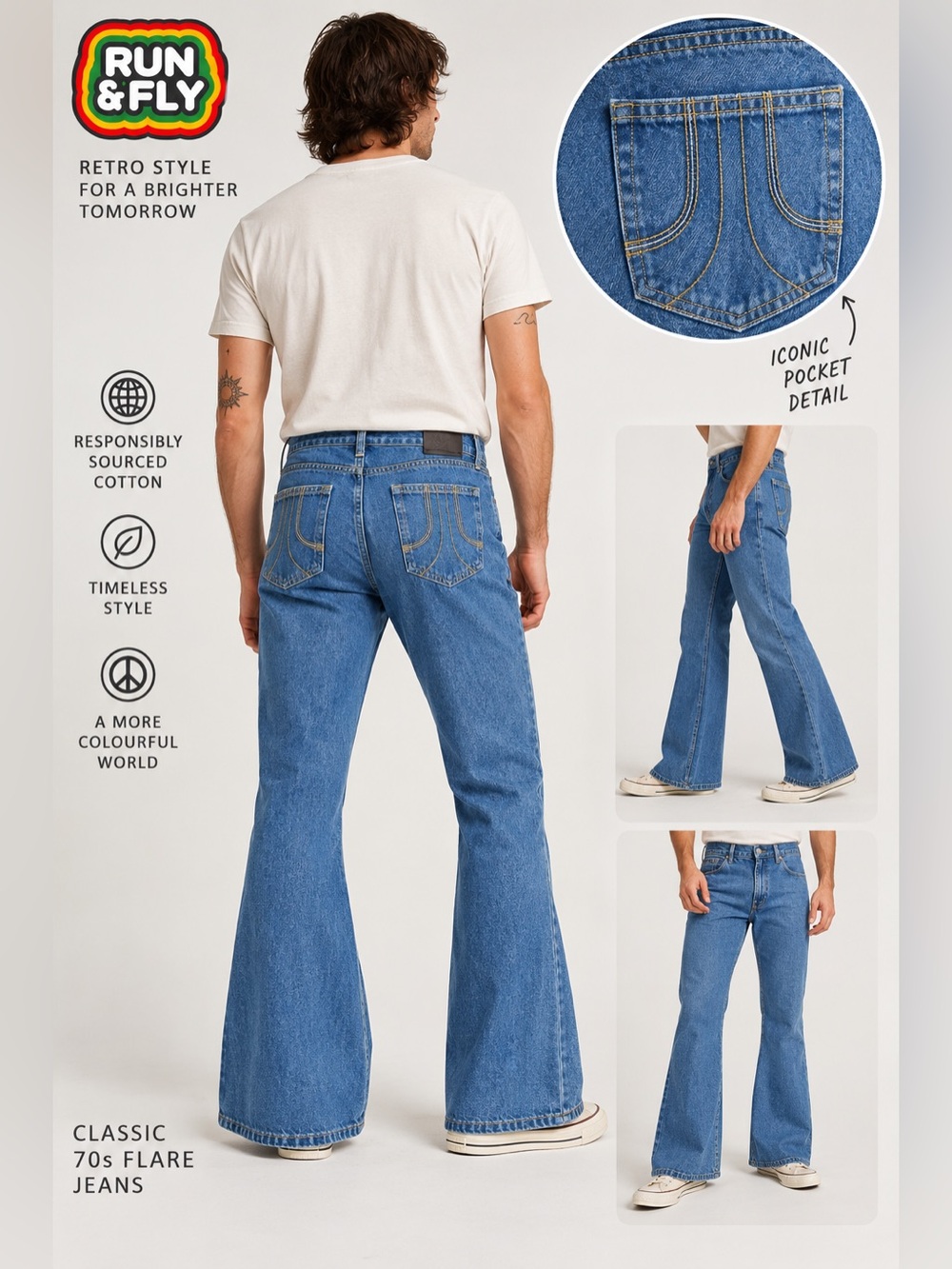 Run & Fly Mens 36R Stonewash Blue 70s Flare Bell Bottom Jeans NWT Retro Unisex